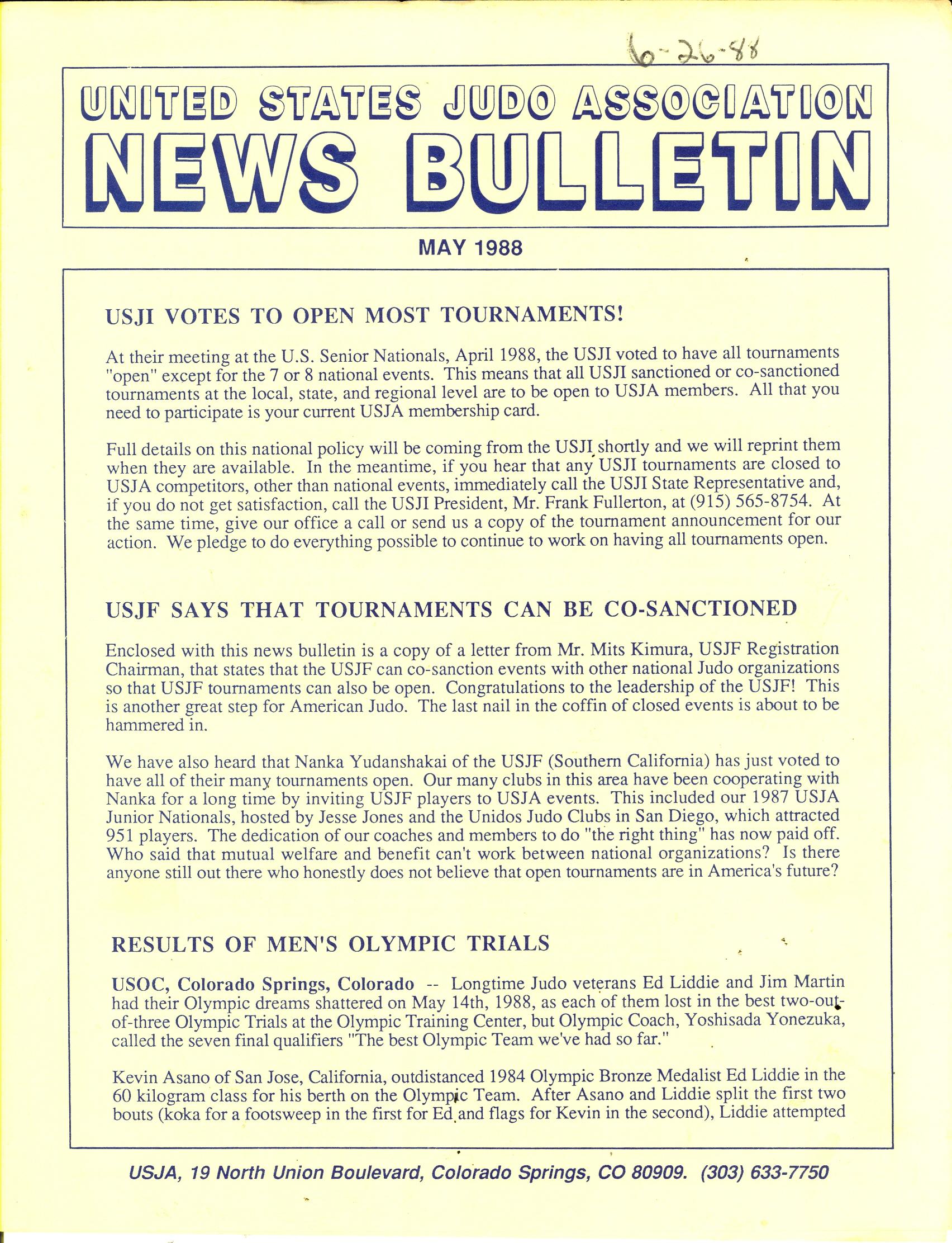 05/88 United States Judo Association News Bulletin